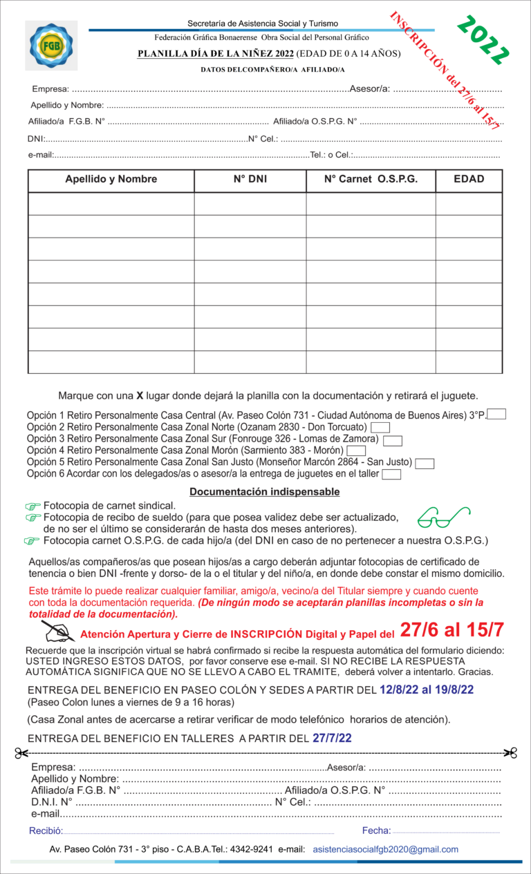 Planilla Día de la Niñez 2022 Formato Papel Cierre de inscripción 15