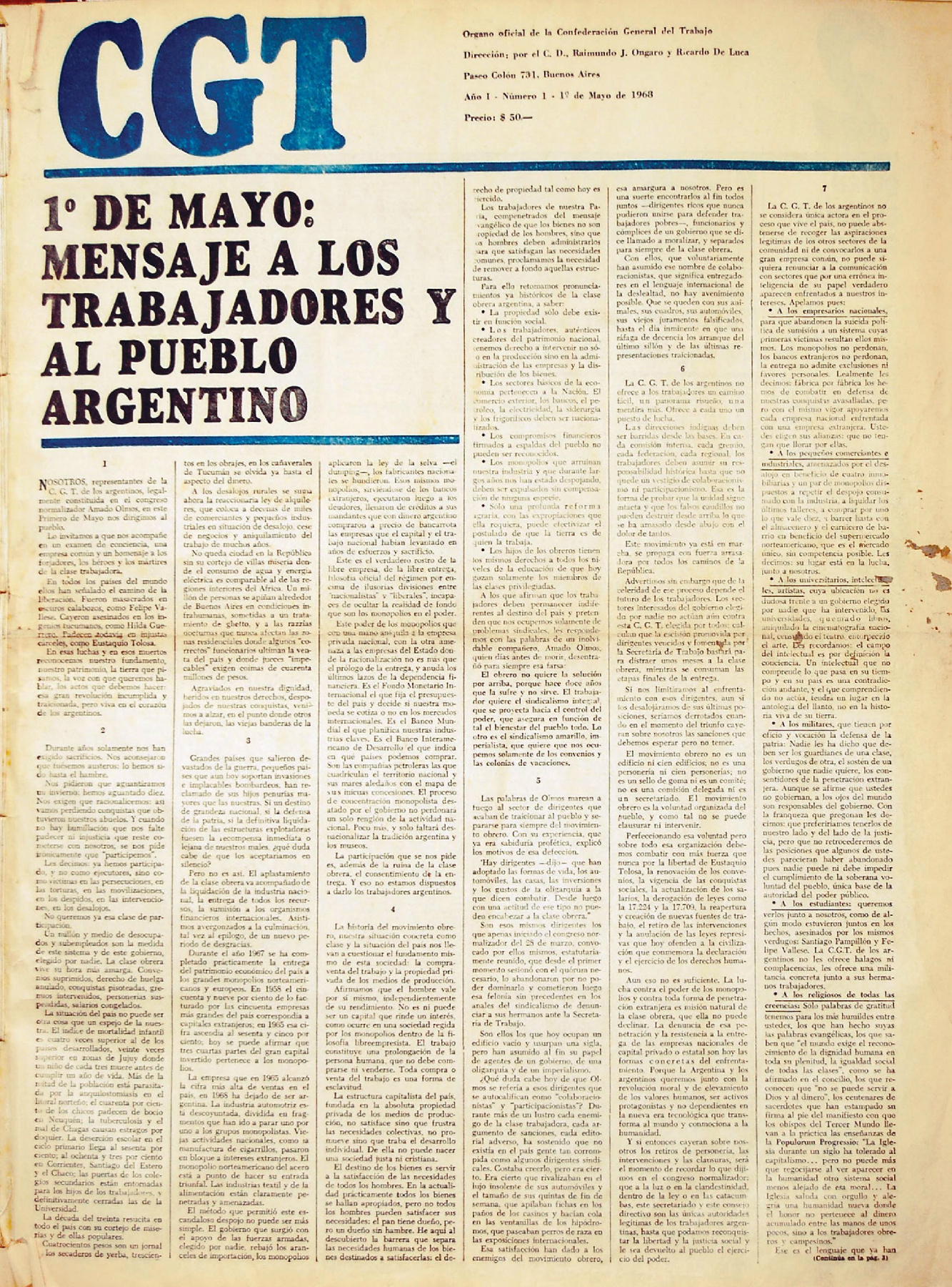 CGT De Los Argentinos | Nº 1 – 1 Mayo 1968 – FGB